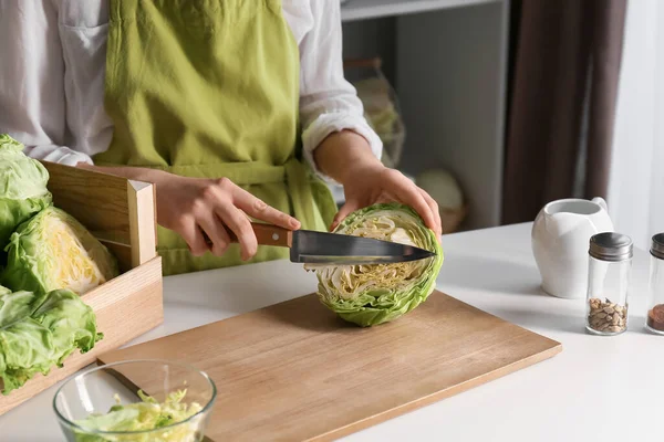 Woman Cutting Fresh Cabbage Table Kitchen Closeup — Stockfoto