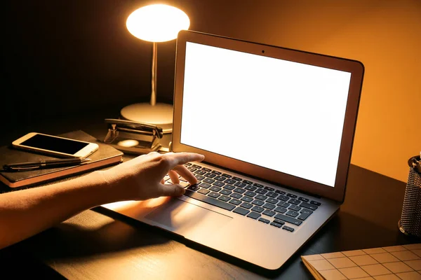 Woman Using Laptop Home Late Evening Closeup — Stockfoto