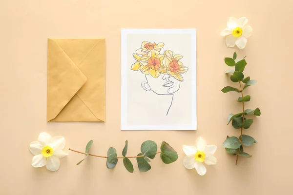 Beautiful Greeting Card Envelope Narcissus Flowers Color Background — Stock Photo, Image