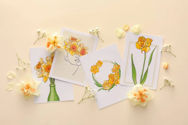 Vackra Gratulationskort Och Blommor Färg Bakgrund — Stockfoto