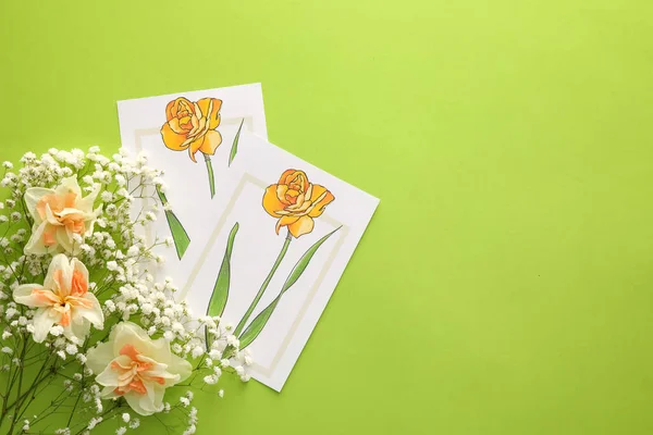 Vackra Gratulationskort Och Blommor Färg Bakgrund — Stockfoto