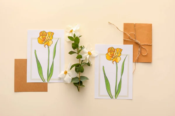 Beautiful Greeting Cards Narcissus Flowers Color Background — Stock Photo, Image