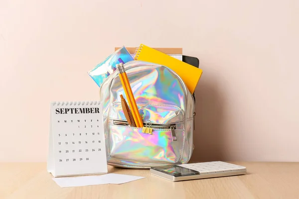 School Backpack Stationery Table — Stock Photo, Image