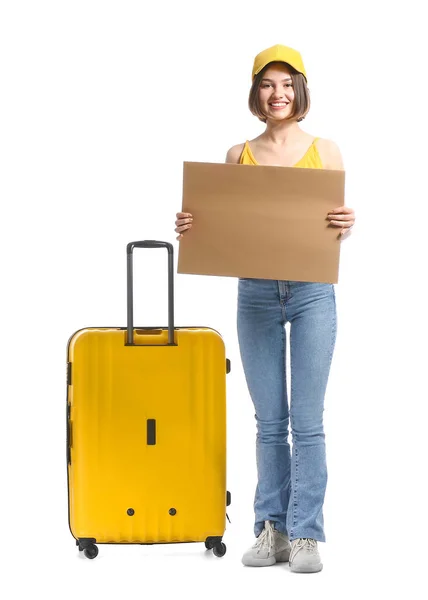Young Woman Cardboard Suitcase White Background — Foto Stock