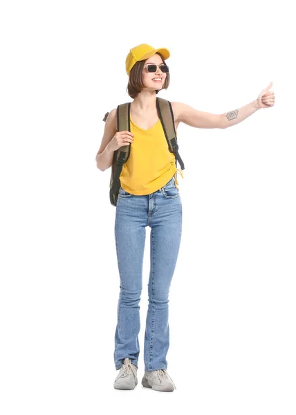 Young Woman Backpack Hitchhiking White Background — Foto Stock