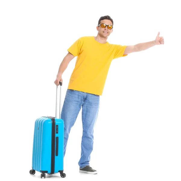 Young Man Suitcase Hitchhiking White Background — Zdjęcie stockowe