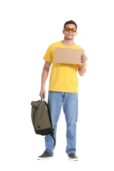 Young Man Cardboard Backpack White Background — Stock Photo, Image