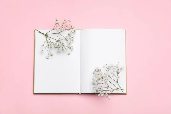 Beautiful Gypsophila Flowers Blank Book Color Background - Stock-foto