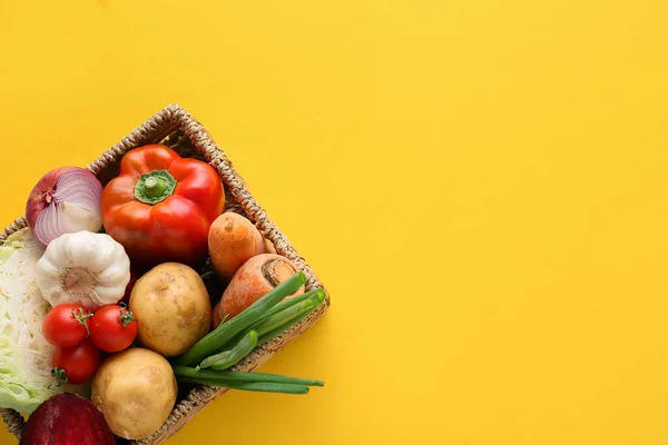 Wicker Basket Ingredients Preparing Borscht Color Background — Stockfoto