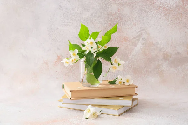 Composition Books Beautiful Jasmine Flowers Grunge Background — Stock Photo, Image