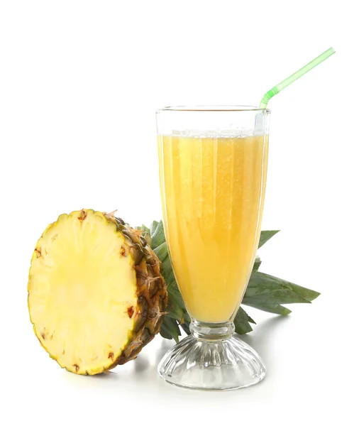 Glas Lekkere Ananas Smoothie Witte Achtergrond — Stockfoto