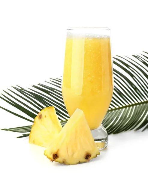 Glass Tasty Pineapple Smoothie Tropical Leaf White Background — Stock Photo, Image