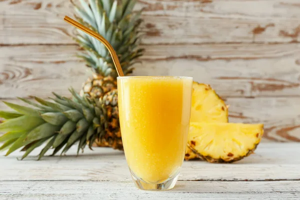 Glass Tasty Pineapple Smoothie Light Wooden Background — Stock Photo, Image
