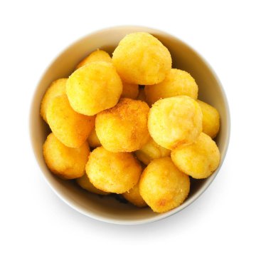 Bowl with fried potato balls on white background