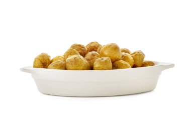 Baking dish with tasty baked potato on white background