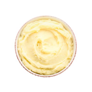 Beyaz zemin üzerine lezzetli patates püresi ile kase