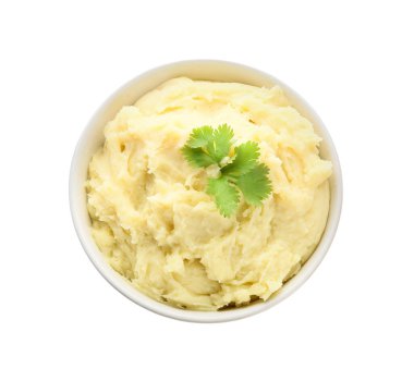 Beyaz zemin üzerine lezzetli patates püresi ile kase