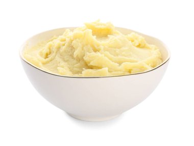 Beyaz zemin üzerine lezzetli patates püresi ile kase