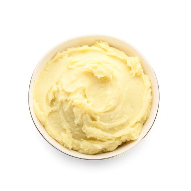 Beyaz zemin üzerine lezzetli patates püresi ile kase