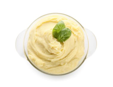 Pot with tasty mashed potatoes on white background