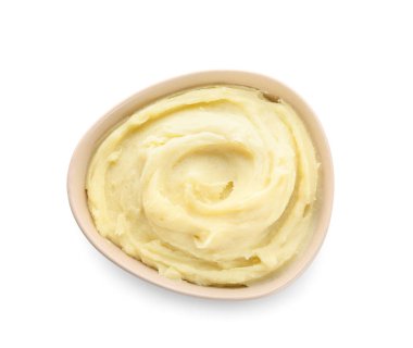 Beyaz zemin üzerine lezzetli patates püresi ile kase