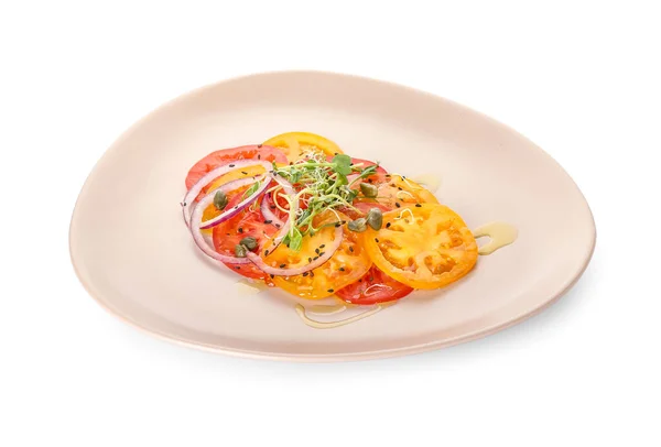 Plate Tasty Tomato Carpaccio White Background — Stock Photo, Image