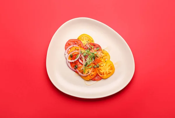Plate Tasty Tomato Carpaccio Color Background — Stockfoto