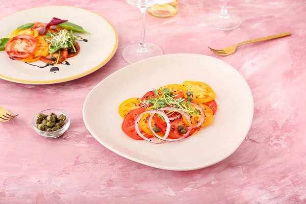 Plates Tasty Tomato Carpaccio Capers Color Background — Stockfoto