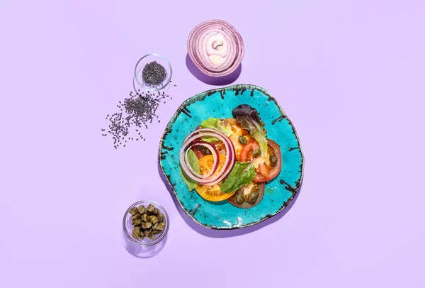 Plate Tasty Tomato Carpaccio Ingredients Color Background — Stok fotoğraf