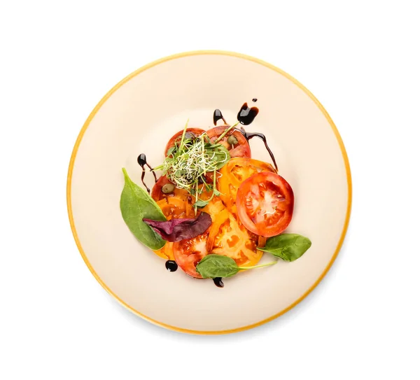 Plate Tasty Tomato Carpaccio White Background — Stock Photo, Image