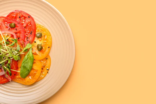 Plate Tasty Tomato Carpaccio Color Background — Stockfoto