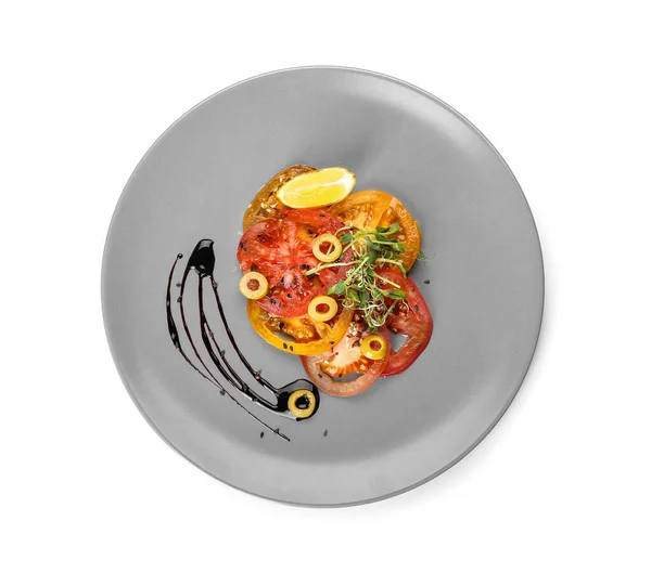 Plate Tasty Tomato Carpaccio White Background — Stock Photo, Image