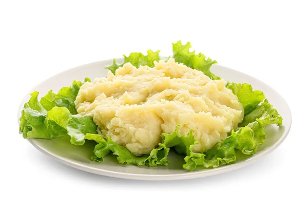 Plate Tasty Mashed Potatoes White Background — Stock Photo, Image