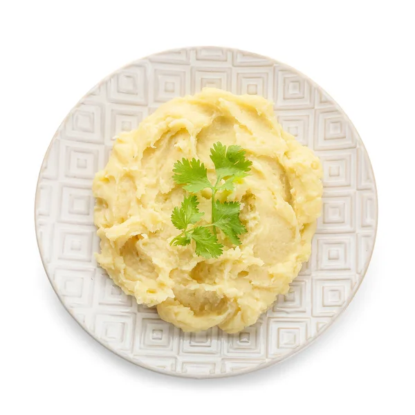 Plate Tasty Mashed Potatoes White Background — Stock Photo, Image