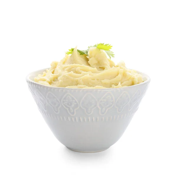 Bowl Tasty Mashed Potatoes White Background — Stock Photo, Image