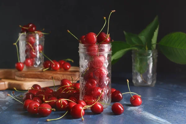 Jar Sweet Cherry Dark Background — Stock Photo, Image