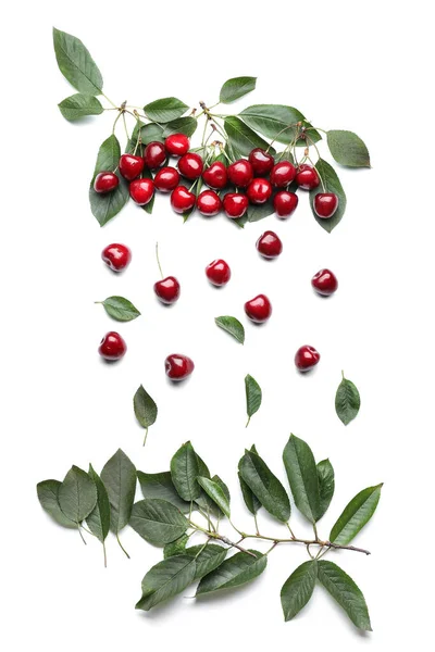 Composition Tasty Ripe Cherries White Background — Stock Photo, Image