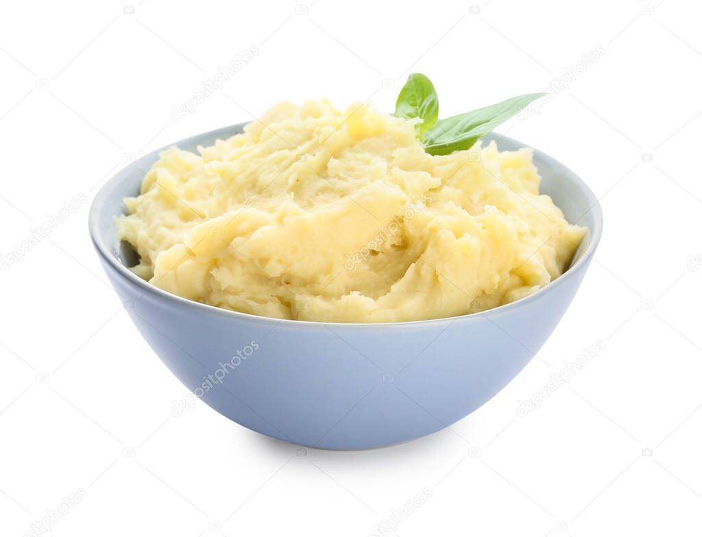 Bowl with tasty mashed potatoes on white background