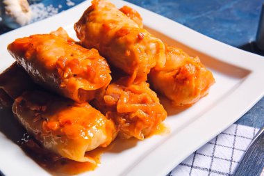 Renkli arka planda lezzetli lahana dürümlü tabak.