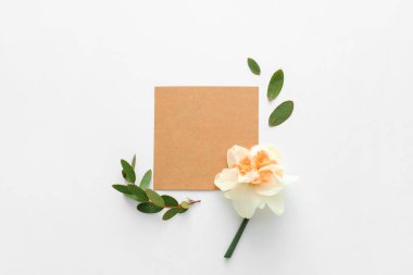 Güzel narsisus ve beyaz arka planda boş kart