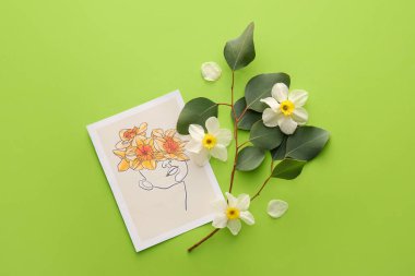 Güzel tebrik kartı, narsisli çiçekler ve renk arkaplan dalları