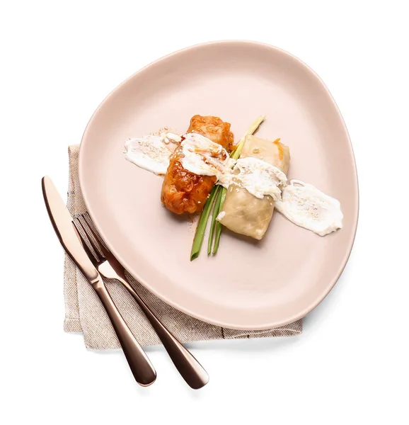 Plate Tasty Stuffed Cabbage Rolls White Background — Stock Photo, Image