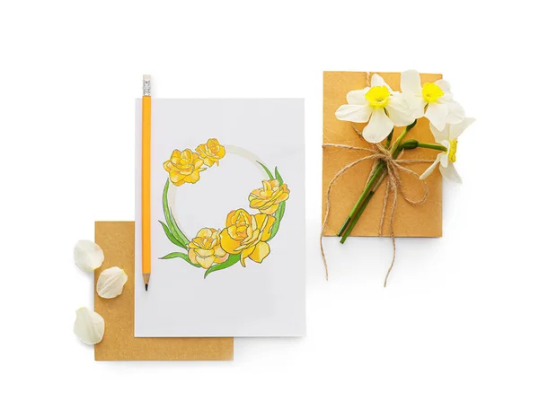 Beautiful Narcissus Flowers Greeting Card Pencil Envelope Light Background — Stock Photo, Image