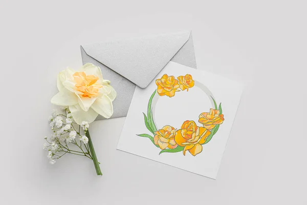 Beautiful Narcissus Flower Greeting Card Envelope Light Background — Stock Photo, Image