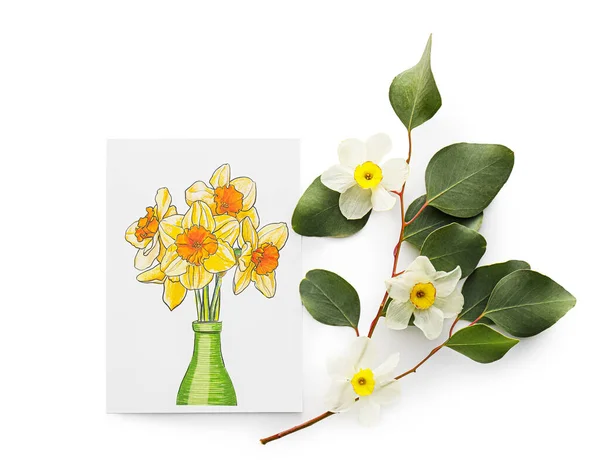 Hermosa Tarjeta Felicitación Flores Narcisas Rama Sobre Fondo Claro — Foto de Stock