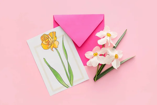 Beautiful Greeting Card Envelope Narcissus Flowers Color Background — Stock Photo, Image