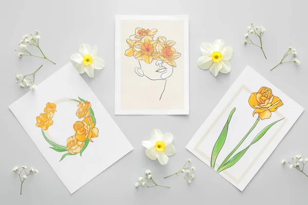Vackra Gratulationskort Och Blommor Grå Bakgrund — Stockfoto