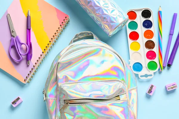 School Backpack Stationery Color Background — Stock Photo, Image