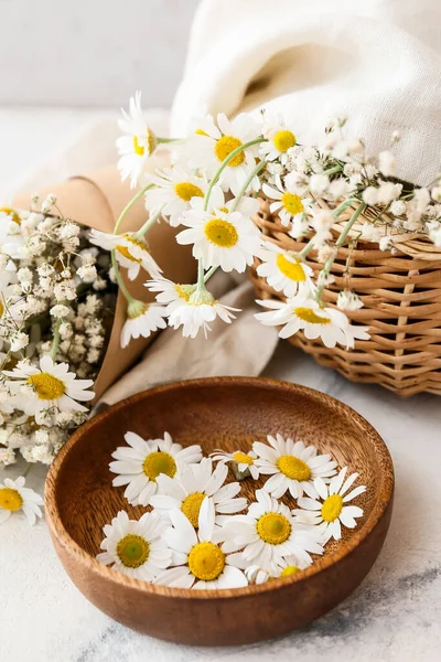 Composition Beautiful Chamomile Flowers Light Background Closeup — Stock Photo, Image