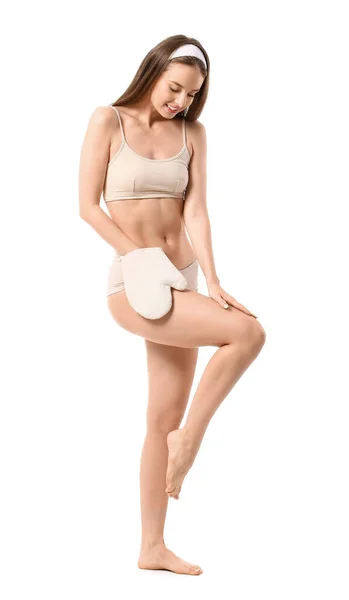 Beautiful Young Woman Massage Mitten White Background — Stock Photo, Image